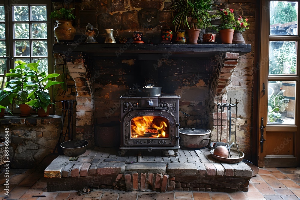 Cozy Rustic Fireplace with Wood-Burning Stove and Potted Plants Cozy Rustic Fireplace with Wood-Burning Stove and Potted Plants