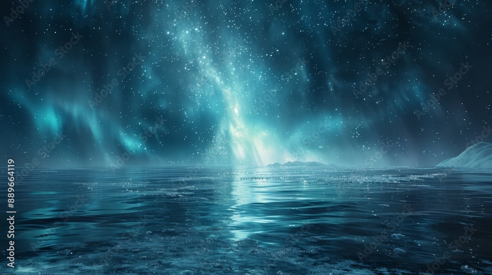 A painting of a star-filled sky overhanging a tranquil body of water, teeming with numerous stars A painting of a star-filled sky overhanging a tranquil body of water, teeming with numerous stars