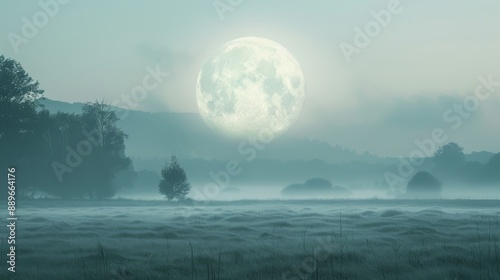  A foggy field lies before you, trees in the distance contrast against the full moon in the sky