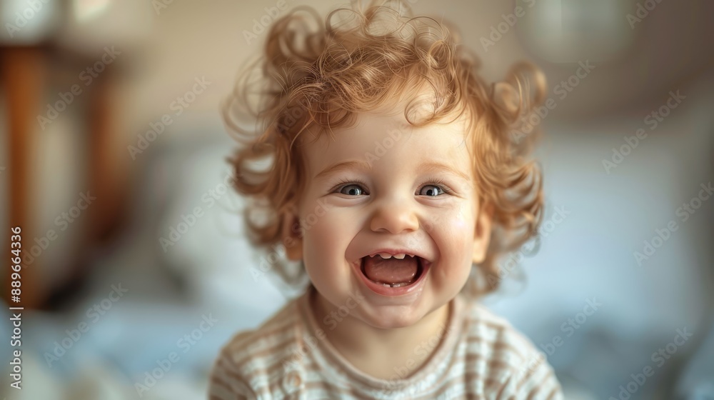 A child's smiling face with blown hair in close-up A child's smiling face with blown hair in close-up