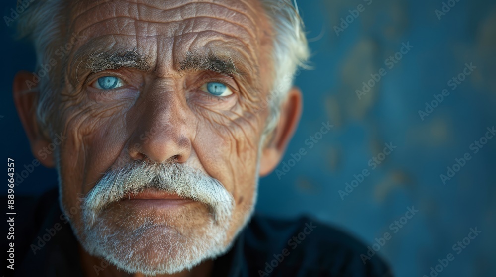 A tight shot of a man with a white beard and piercing blue eyes gazing intently into the camera, conveying grave severity A tight shot of a man with a white beard and piercing blue eyes gazing intently into the camera, conveying grave severity