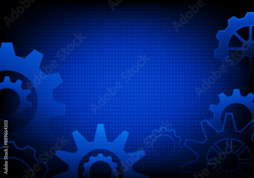 Hi-tech dark blue tech background, cogwheel pictograma. Mechanical industry elements, motor or clock circle parts with cogs. Machinery cogwheel gears. Vector illustration.