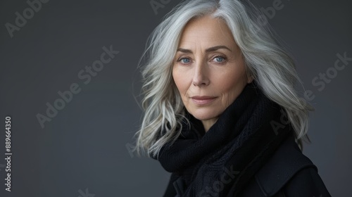  A serious-looking older woman, her white hair covered by a black scarf, gazes at the camera