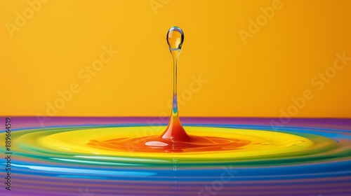  A yellow background hosts a rainbow-hued pool of water, its center graced by a solitary drop photo