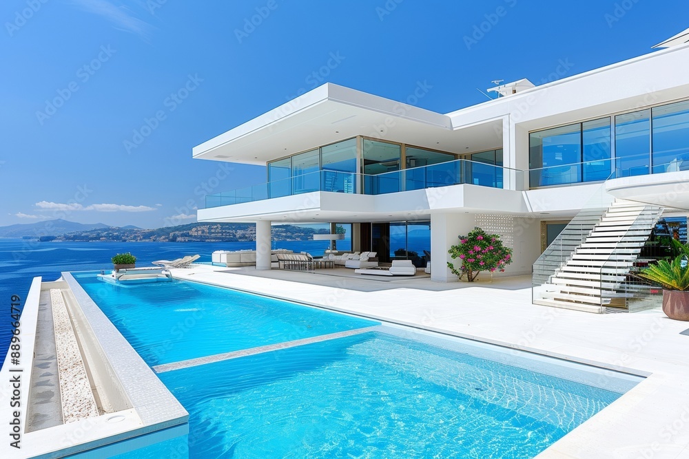 Fototapeta premium Modern luxury villa with infinity pool overlooking the ocean perfect for a high end tropical getaway