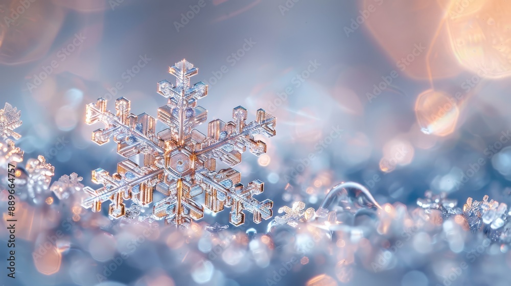 A clear close-up of an individual snowflake amidst a blurred snowflake background A clear close-up of an individual snowflake amidst a blurred snowflake background