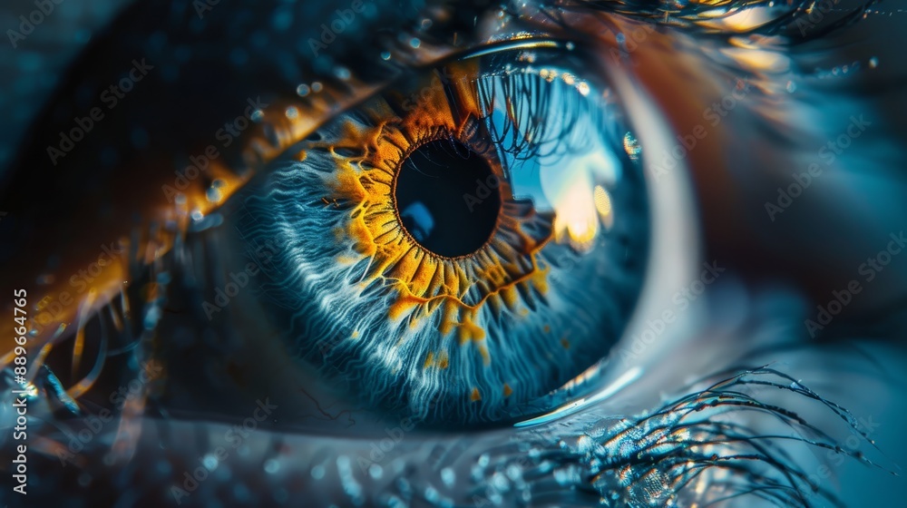 A tight shot of an eye's iris dotted with water droplets A tight shot of an eye's iris dotted with water droplets