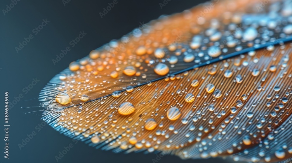 A close-up of a blue and orange feather, adorned with water drops Feathers bear water droplets A close-up of a blue and orange feather, adorned with water drops Feathers bear water droplets