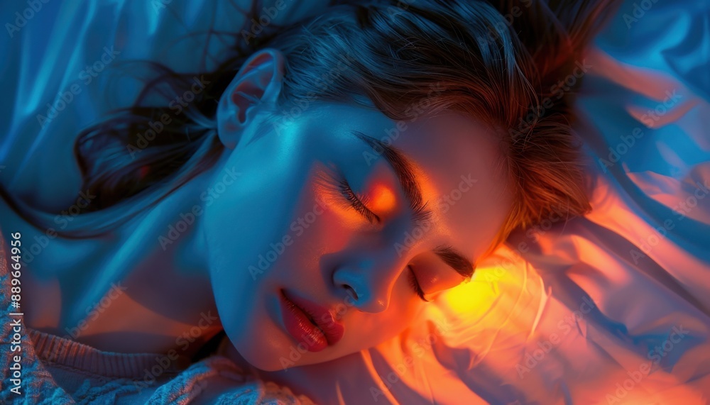 Fototapeta premium Beautiful woman sleeping in bed, night light on her face, orange and blue colors, neon effect, close-up, beautiful woman with brown hair