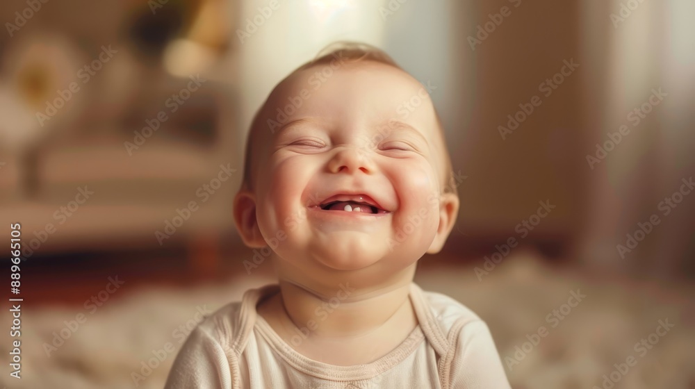 A tight shot of a baby smiling widely with eyes closed A tight shot of a baby smiling widely with eyes closed