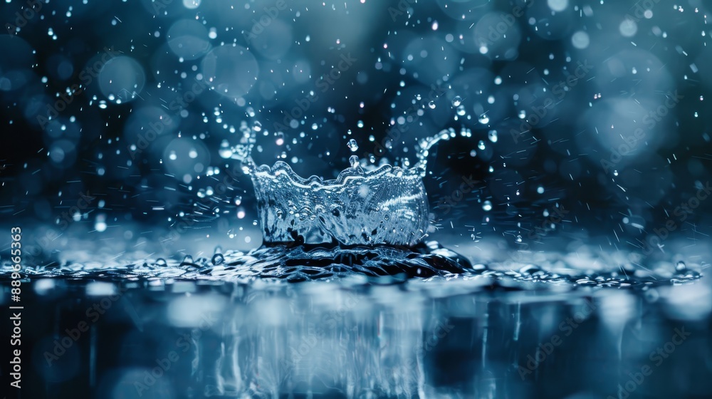 A tight shot of a water droplet, adorned with drops at its base A tight shot of a water droplet, adorned with drops at its base