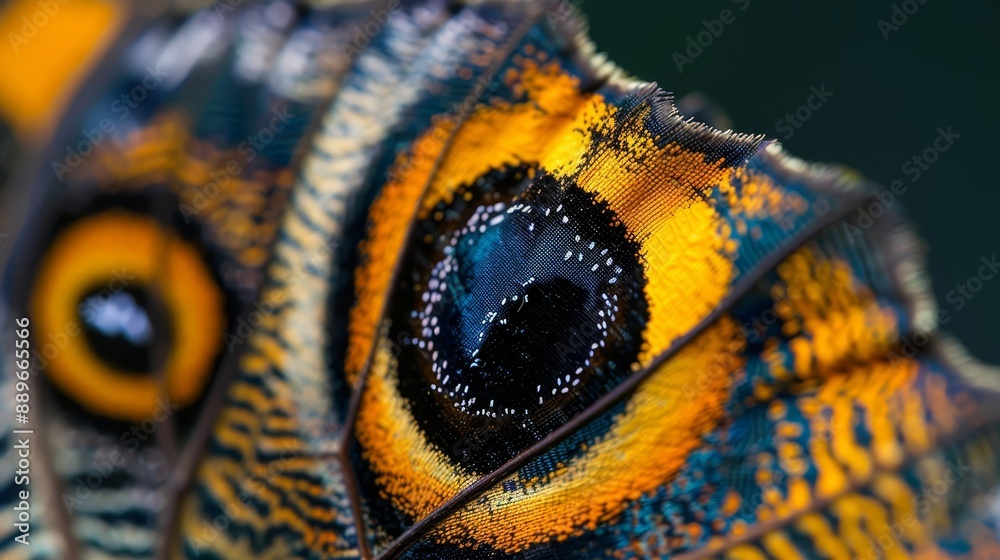 A tight shot of a butterfly's wing showcasing its blue-yellow patterned feathers A tight shot of a butterfly's wing showcasing its blue-yellow patterned feathers
