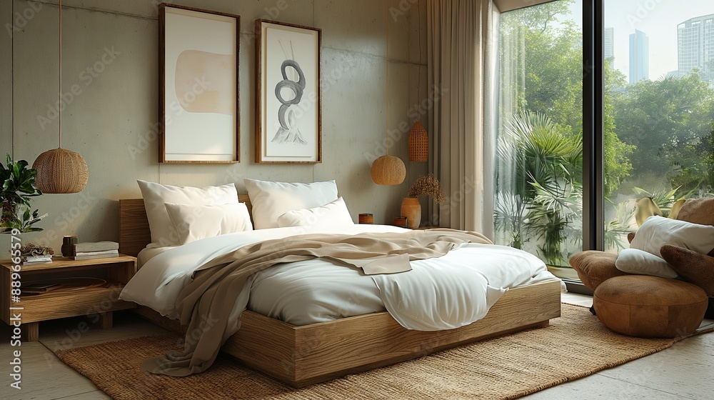 Modern Minimalist Bedroom with Natural Light and Wooden Furniture