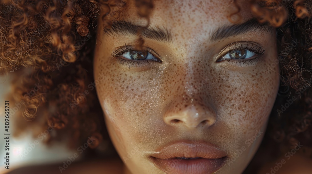 A woman's face with freckled skin and red hair in focus A woman's face with freckled skin and red hair in focus