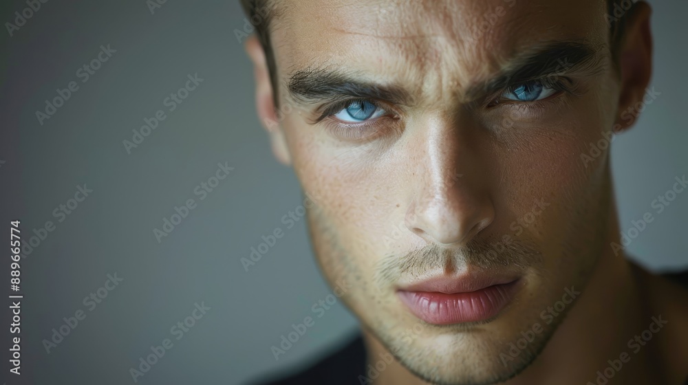 A man with serious blue eyes gazes into the camera A man with serious blue eyes gazes into the camera
