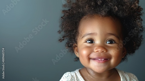  A tight shot of a child's smiling face framed by curly locks