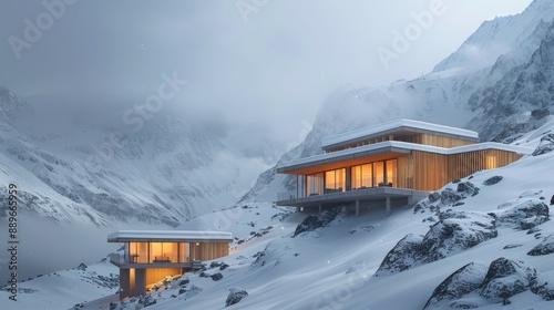  A snow-covered mountain side houses a dwelling at its peak, boasting two windows alongside