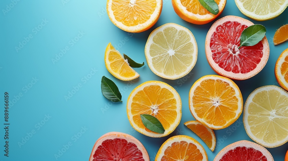 Oranges, lemons, and grapefruits split in two with leaves against a vibrant blue backdrop..Half-cut oranges, lemons, and Oranges, lemons, and grapefruits split in two with leaves against a vibrant blue backdrop..Half-cut oranges, lemons, and