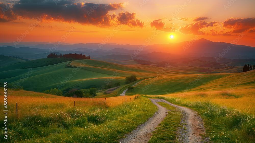 Golden Hour Sunset Over Lush Green Countryside with Path Leading Through Rolling Hills in Summer Nature Background Wallpaper
Golden Hour Sunset Over Lush Green Countryside with Path Leading Through Rolling Hills in Summer Nature Background Wallpaper
