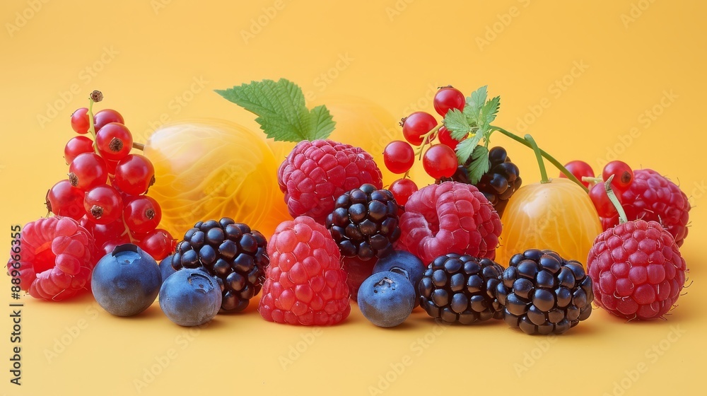 A group of raspberries, blueberries, and red raspberries on a yellow background A group of raspberries, blueberries, and red raspberries on a yellow background