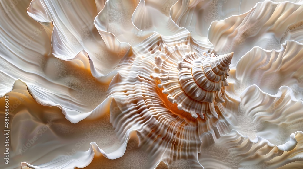 A seashell in focus against a white and orange backdrop Blurred image of the same seashell behind A seashell in focus against a white and orange backdrop Blurred image of the same seashell behind