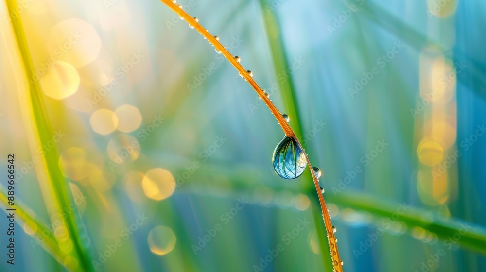 A drop of water atop a grass blade, adjacent to droplets on another A drop of water atop a grass blade, adjacent to droplets on another