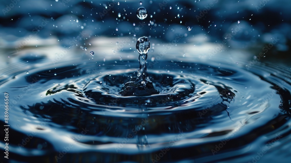 Close-up of a water drop overlying pooled water Blue sky and clouds in background Close-up of a water drop overlying pooled water Blue sky and clouds in background