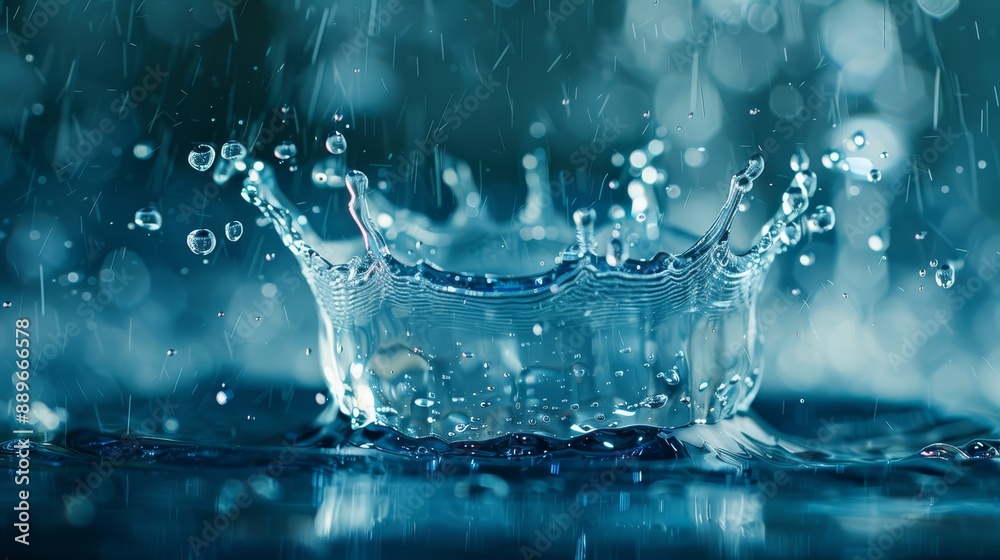 A tight shot of a water splash featuring a crown at its edge, with droplets adorning the water's surface below A tight shot of a water splash featuring a crown at its edge, with droplets adorning the water's surface below
