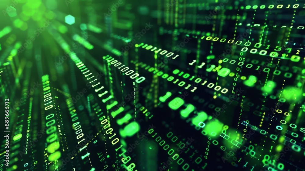 Binary code is rendered in a digital, futuristic style. Green lines and numbers extend into the distance. Binary code is rendered in a digital, futuristic style. Green lines and numbers extend into the distance.