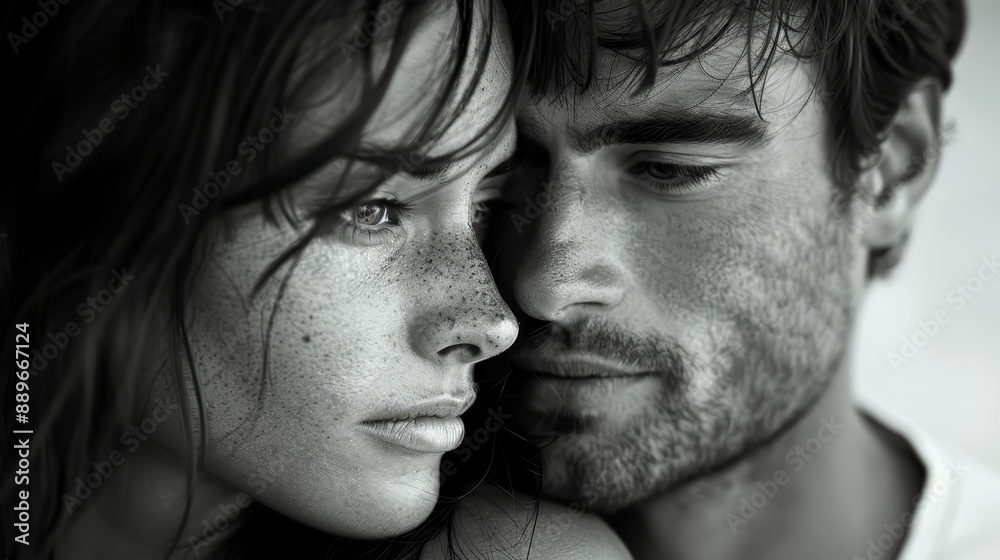 A black-and-white image of a man and a woman Both have freckled skin, with visible freckles on their hair and eyes A black-and-white image of a man and a woman Both have freckled skin, with visible freckles on their hair and eyes