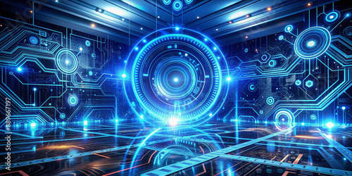 Modern futuristic blue geometric technology background featuring intricate neon lights, 3D patterns, and swirling shapes, conveying innovation, precision, and cutting-edge digital excellence.