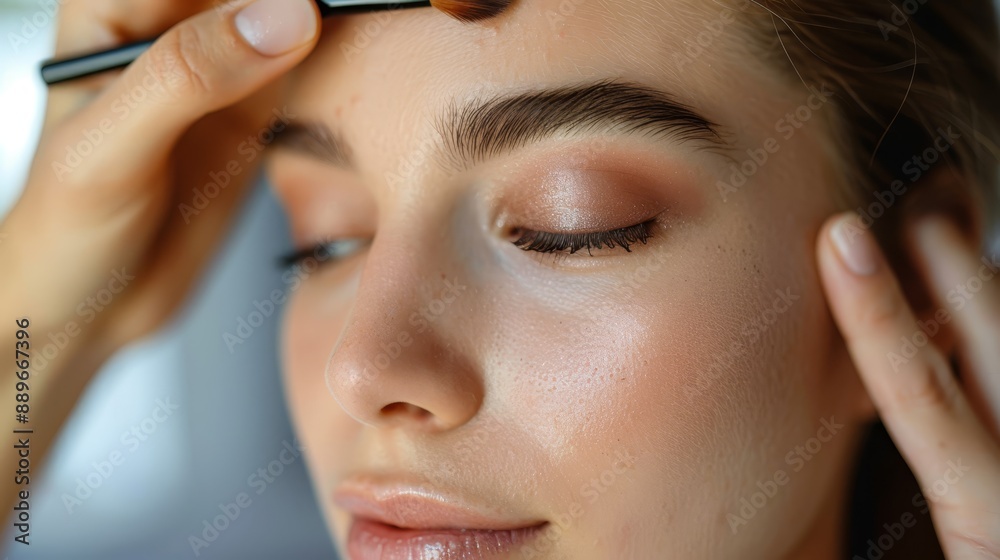 A woman being made-up by a professional make-up artist, holding a brush A woman being made-up by a professional make-up artist, holding a brush