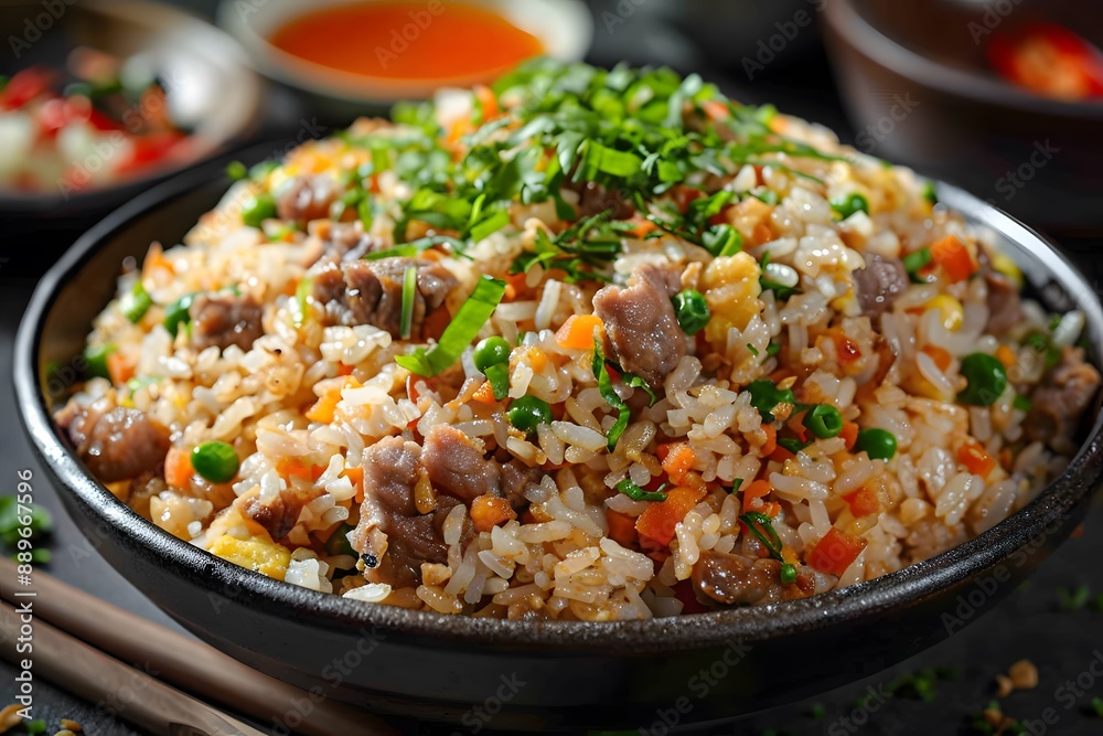 Delicious Bowl of Beef Fried Rice Garnished with Fresh Herbs Delicious Bowl of Beef Fried Rice Garnished with Fresh Herbs
