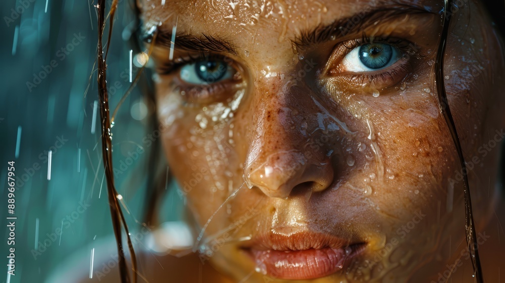 A close-up of a woman's face, wet from water droplets, with a shower of water cascading down A close-up of a woman's face, wet from water droplets, with a shower of water cascading down