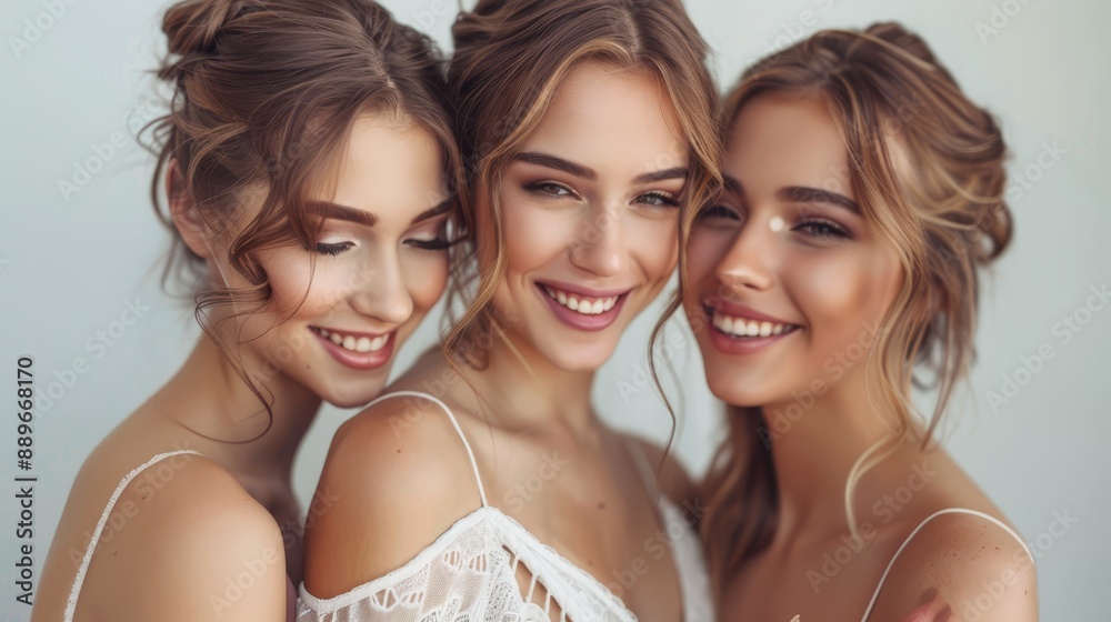 Three young women, smiles radiant on their faces, stand interconnected with arms around each other, gazing into the camera Three young women, smiles radiant on their faces, stand interconnected with arms around each other, gazing into the camera