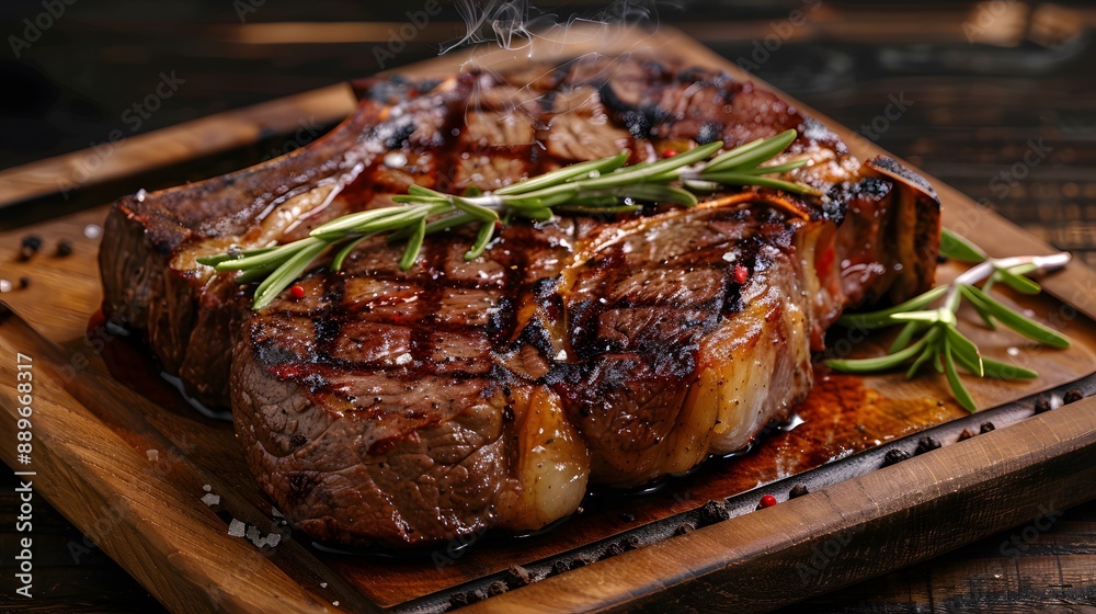 Grilled Ribeye Steak on bones on wooden board. Grilled Ribeye Steak on bones on wooden board.