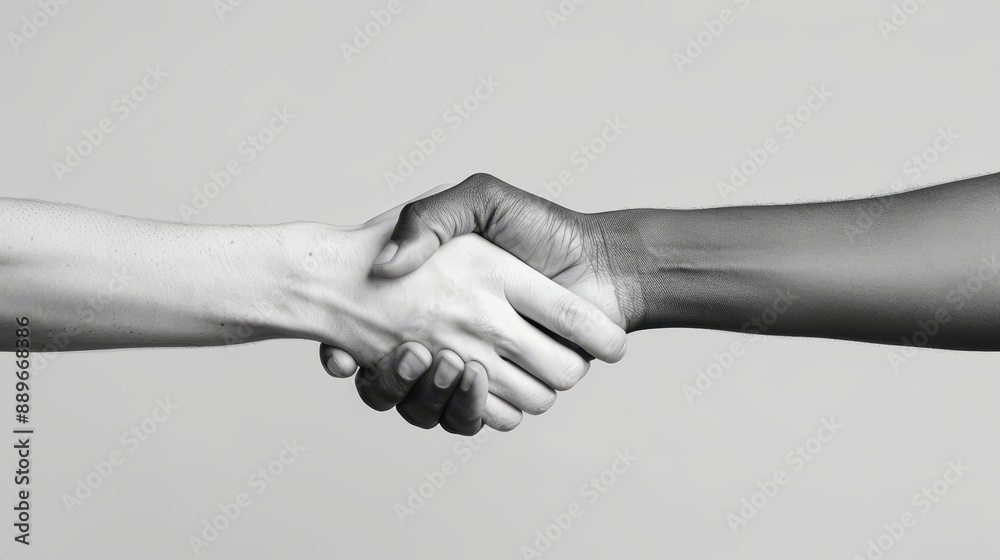 A monochrome image of two hands against a gray backdrop, united by a grip A monochrome image of two hands against a gray backdrop, united by a grip
