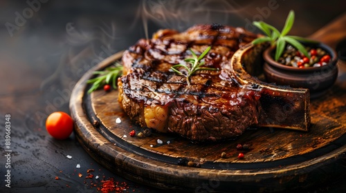 Grilled Ribeye Steak on bones on wooden board.