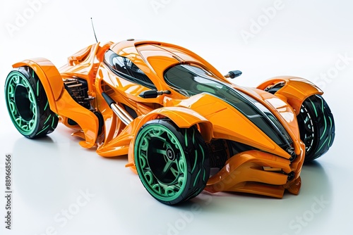 Futuristic Orange Sports Car with Green Wheels.