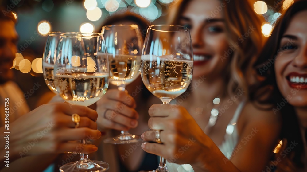 A group of people toast with glasses of wine against a blurred backdrop of holiday lights A group of people toast with glasses of wine against a blurred backdrop of holiday lights