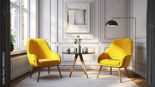 Seek solace and comfort in a cozy Scandinavian setting with two chrs, a central table, and an empty canvas agnst a backdrop of sunny yellow. photo