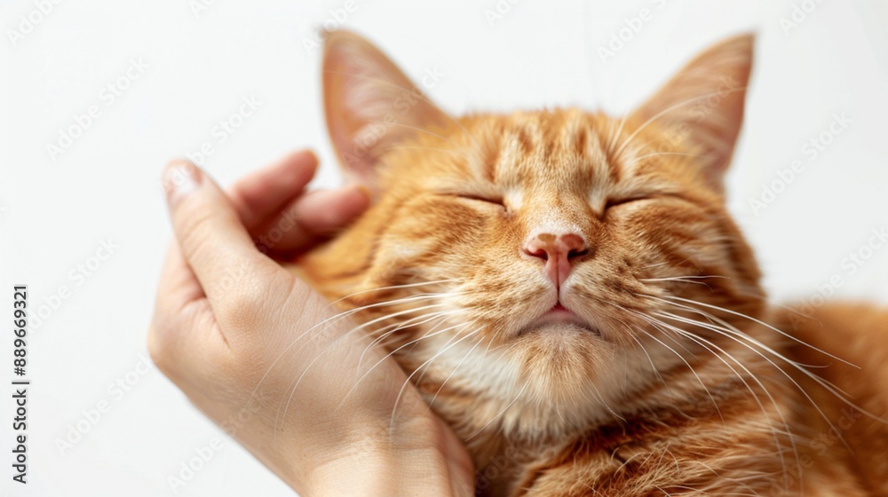 A content orange tabby cat is enjoying a gentle chin scratch on a white background A content orange tabby cat is enjoying a gentle chin scratch on a white background