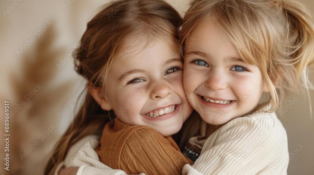 Two young girls happily embrace, grinning as they exchange a warm squeeze, their smiles beaming towards the camera Two young girls happily embrace, grinning as they exchange a warm squeeze, their smiles beaming towards the camera