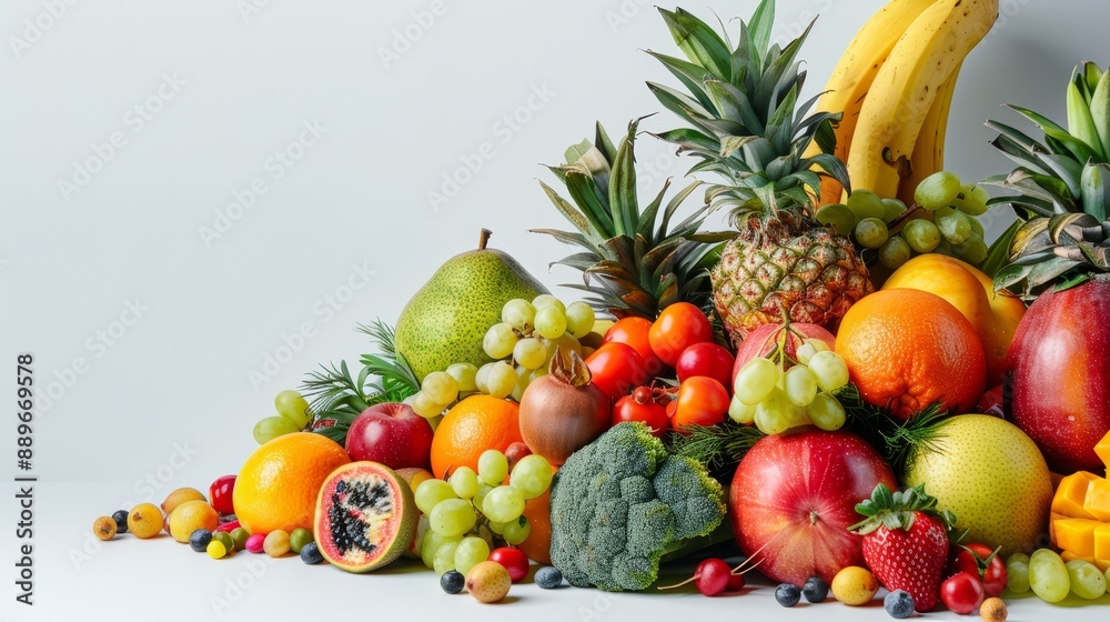 bananas, pineapples, oranges, and others, piled high bananas, pineapples, oranges, and others, piled high