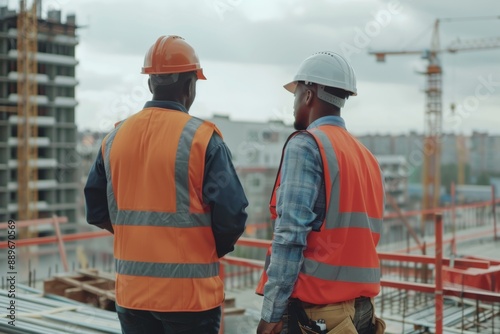 A construction worker and an engineer inspecting a building site together. 