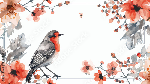 Rounded Flower Frame With Bird Vector Illustration Hand drawn