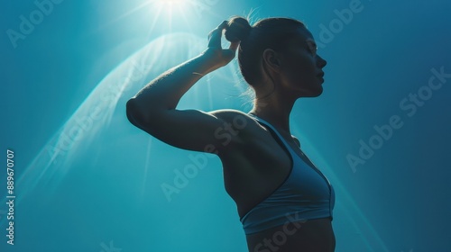 Serene Fitness: Model Working Out with Confidence in Slow Motion on Blue Backdrop with Backlight Glow © Chiradet