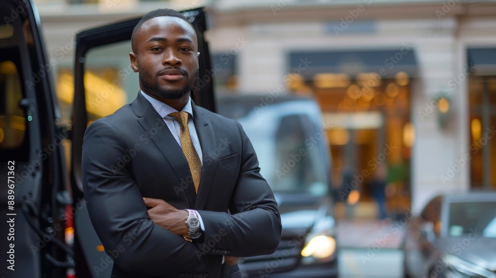 Professional bodyguards opening luxury car door for mature businessman outside corporate event - VIP protection services in action.
