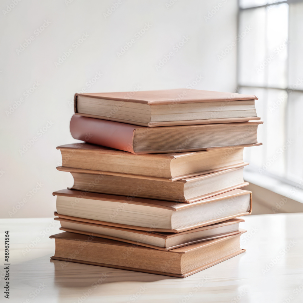 Close-up of a stack of books, bright natural light, inviting and scholarlyscene Close-up of a stack of books, bright natural light, inviting and scholarlyscene