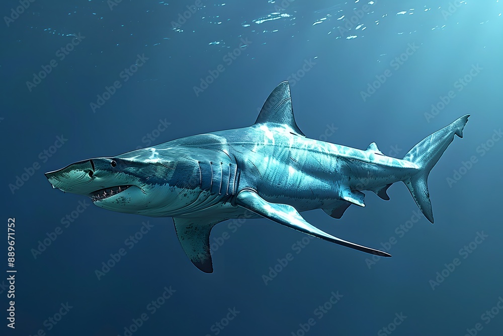 Fototapeta premium Majestic Great White Shark Swimming in the Ocean Depths